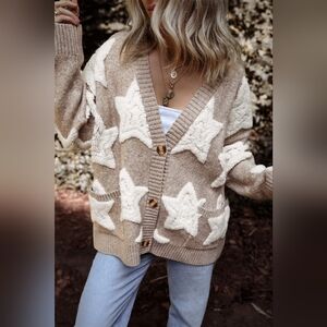 Teddy Fuzzy Sherpa Terry Star Knit Cardigan Long Sleeve Oversized Button Sweater